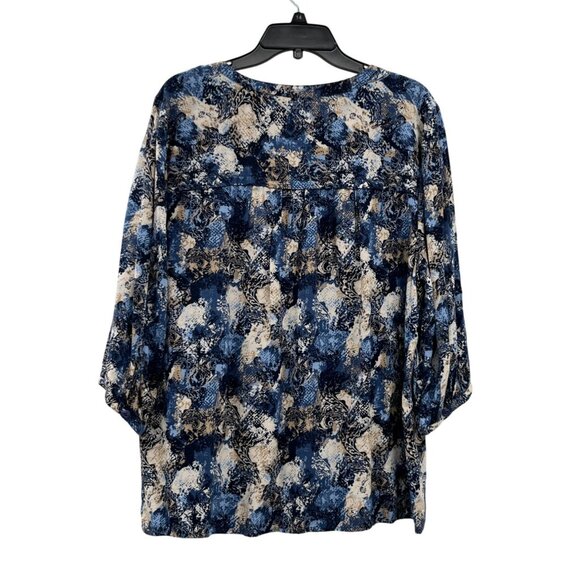 CJ Banks Blouse Womens 1X Blue Beige Cream Rayon 3/4 Sleeve Used - Picture 2 of 16